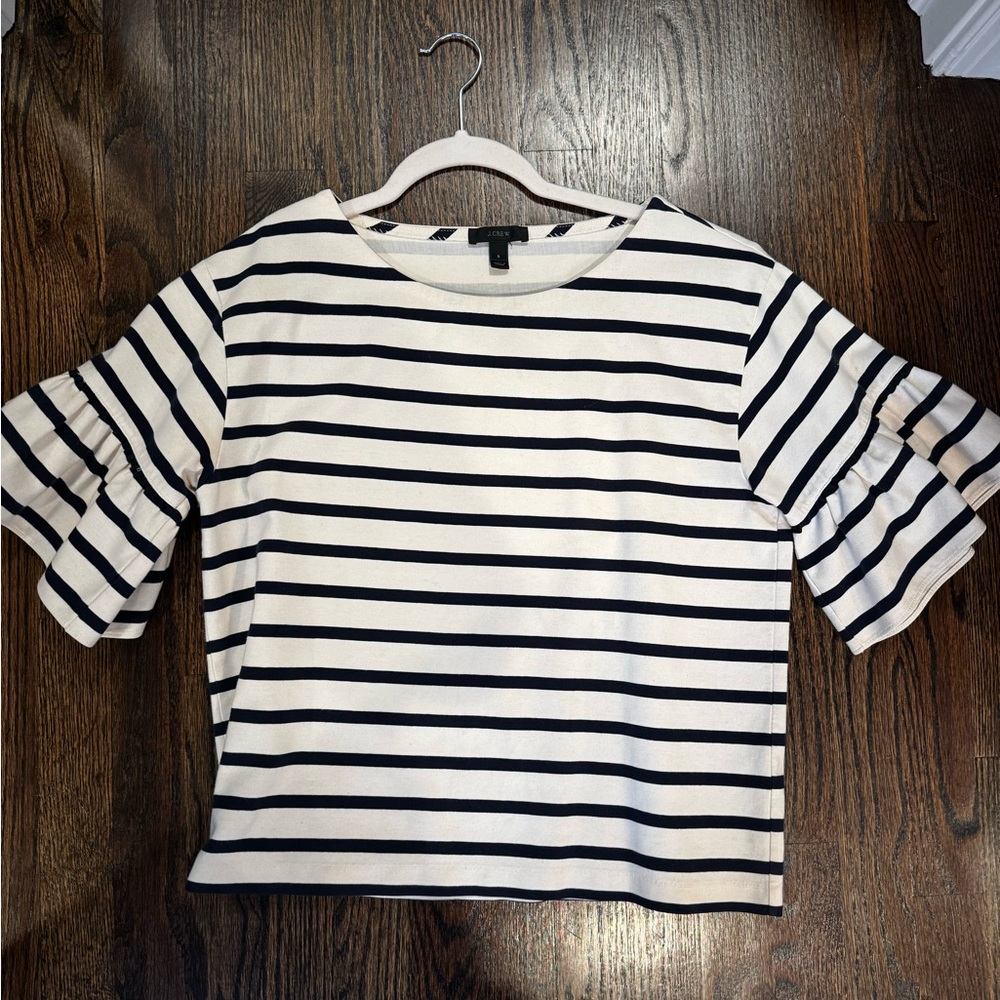 J. Crew Striped Navy/White Ruffle Sleeve Top